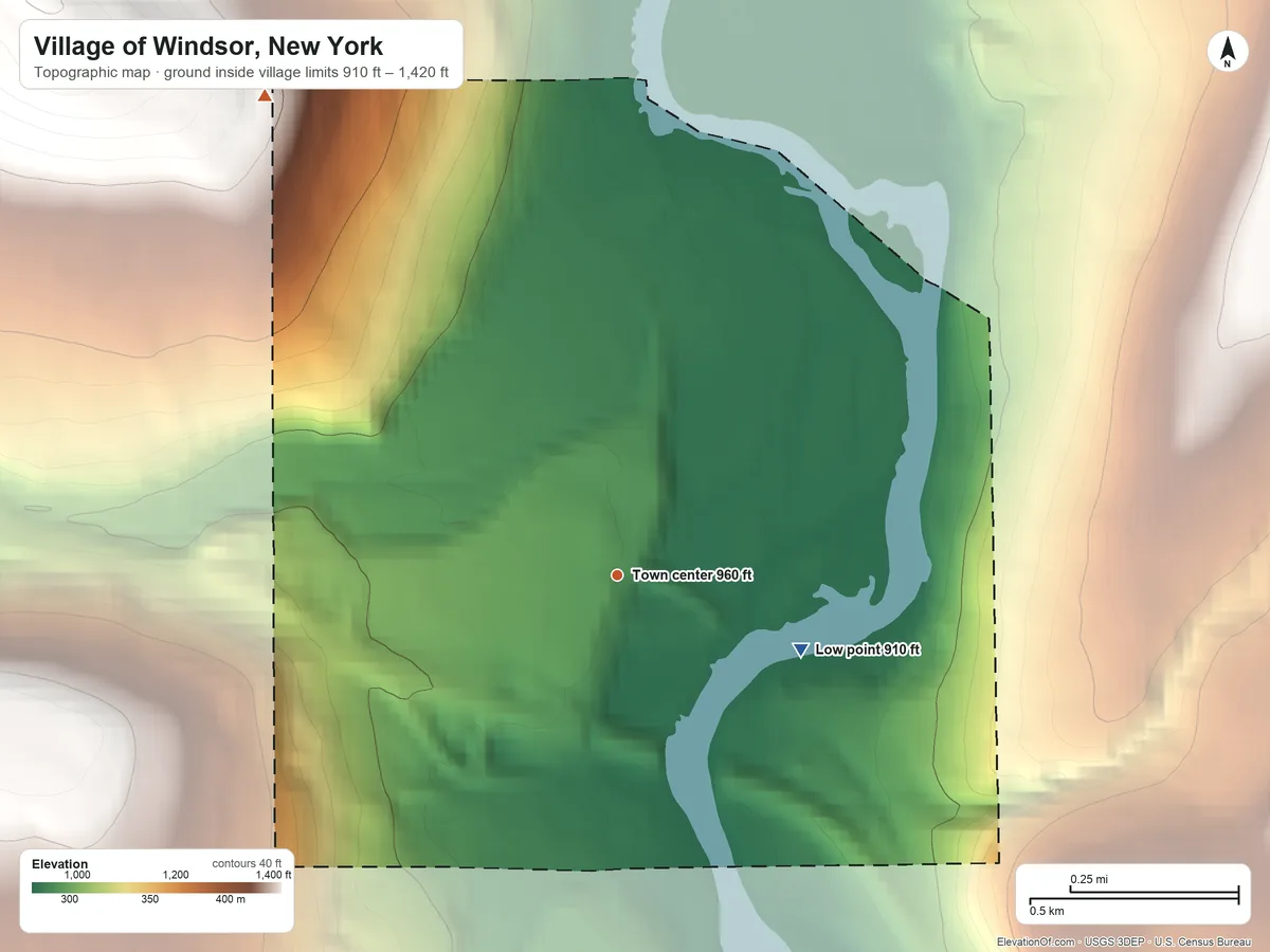 Topographic elevation map of Village of Windsor, New York, shaded from 910 ft on the east side to 1,420 ft on the northwest edge, below higher ground just outside