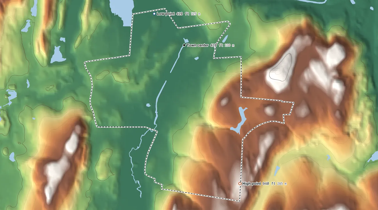 Topographic elevation map of Wingdale, New York, shaded from 420 ft on the northwest side to 940 ft on the south side