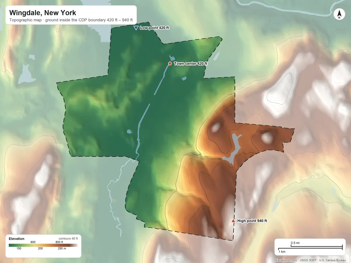 Topographic elevation map of Wingdale, New York, shaded from 420 ft on the northwest side to 940 ft on the south side