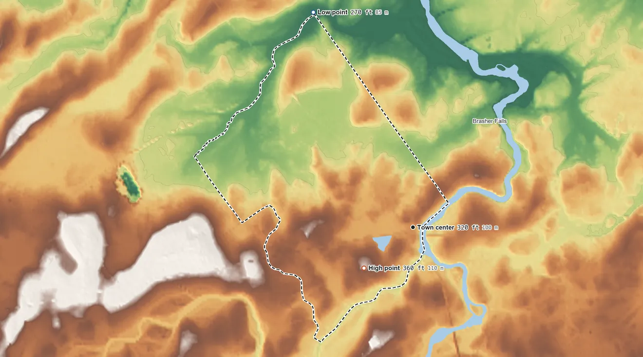 Topographic elevation map of Winthrop, New York, shaded from 270 ft on the northwest side to 360 ft on the southwest side