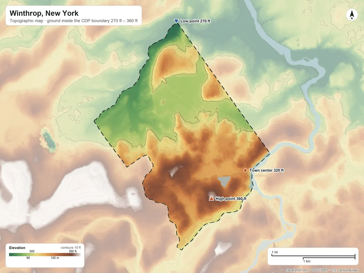 Topographic elevation map of Winthrop, New York, shaded from 270 ft on the northwest side to 360 ft on the southwest side