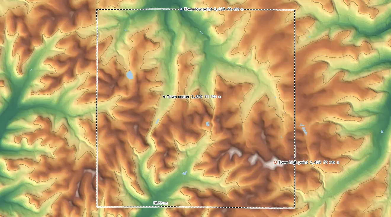 Topographic elevation map of Wirt, New York, shaded from 1,600 ft on the north side to 2,450 ft on the southeast side