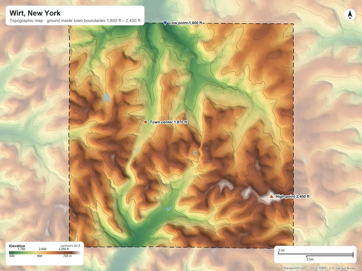 Topographic elevation map of Wirt, New York, shaded from 1,600 ft on the north side to 2,450 ft on the southeast side