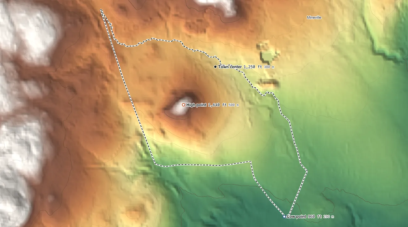 Topographic elevation map of Witherbee, New York, shaded from 960 ft on the southeast side to 1,640 ft on Mount Tom