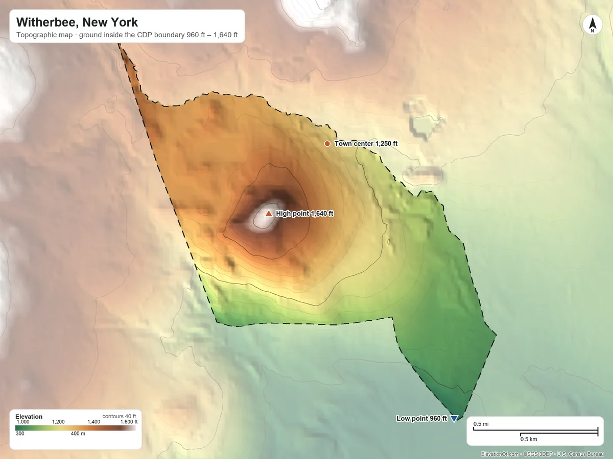 Topographic elevation map of Witherbee, New York, shaded from 960 ft on the southeast side to 1,640 ft on Mount Tom