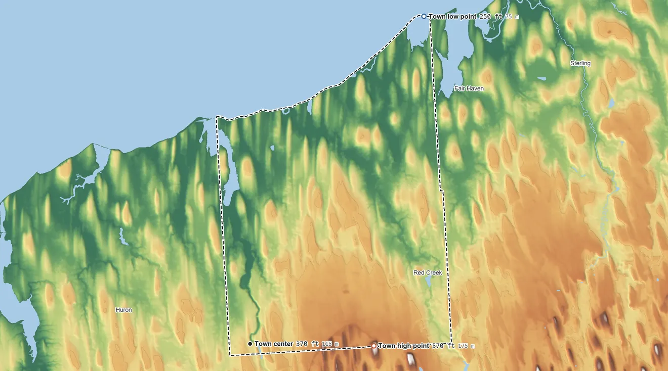 Topographic elevation map of Wolcott, New York, shaded from 250 ft on the northeast side to 570 ft on the east side