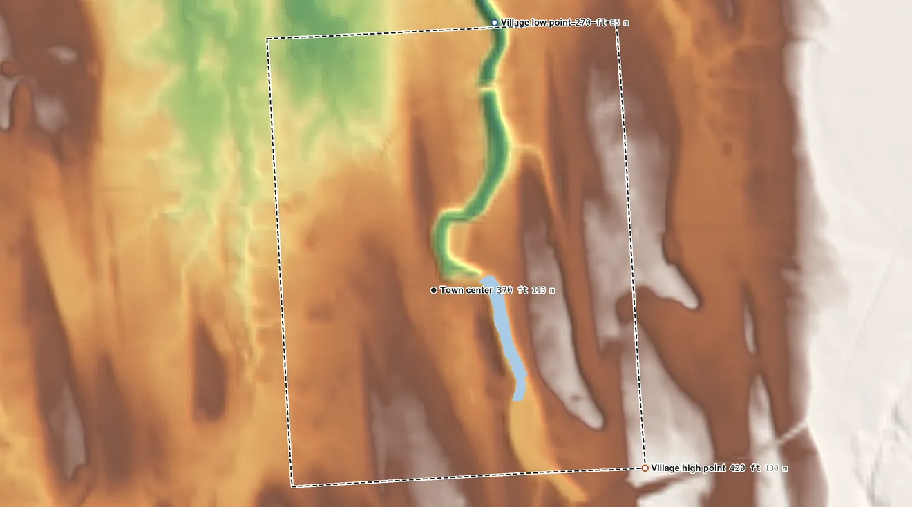 Topographic elevation map of Village of Wolcott, New York, shaded from 270 ft on the north side to 420 ft on the southeast side