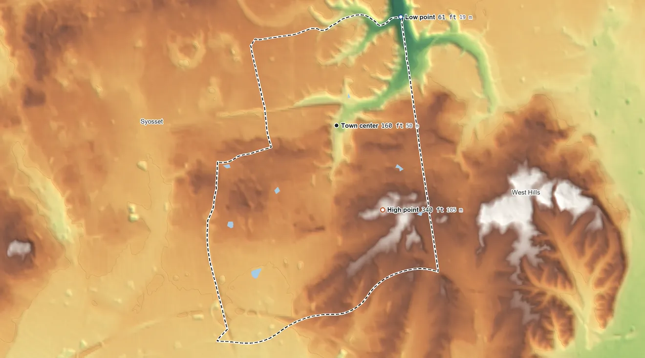 Topographic elevation map of Woodbury, Nassau County, New York, shaded from 61 ft on the northeast side to 340 ft on the southeast side