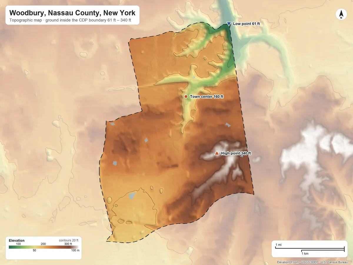 Topographic elevation map of Woodbury, Nassau County, New York, shaded from 61 ft on the northeast side to 340 ft on the southeast side