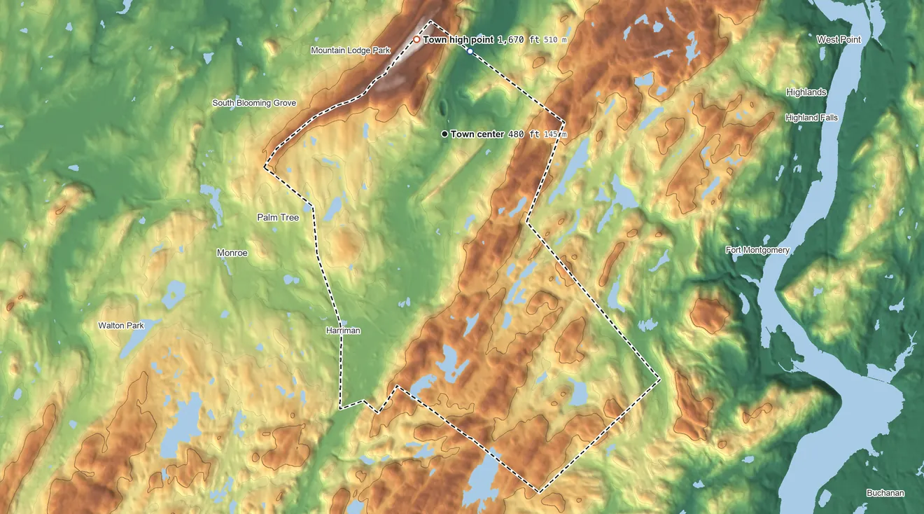 Topographic elevation map of Woodbury, New York, shaded from 290 ft on the north side to 1,670 ft on the north side