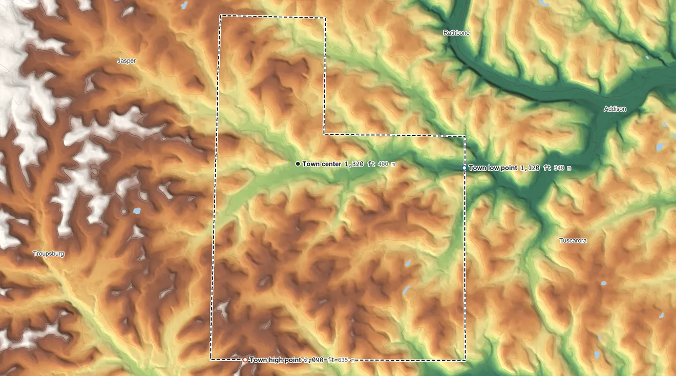 Topographic elevation map of Woodhull, New York, shaded from 1,120 ft on the east side to 2,090 ft on the south side