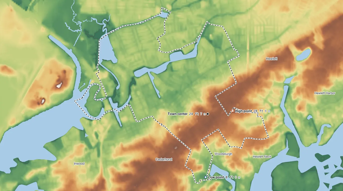Topographic elevation map of Woodmere, New York, shaded from sea level level on Broswere Bay to 28 ft near the middle