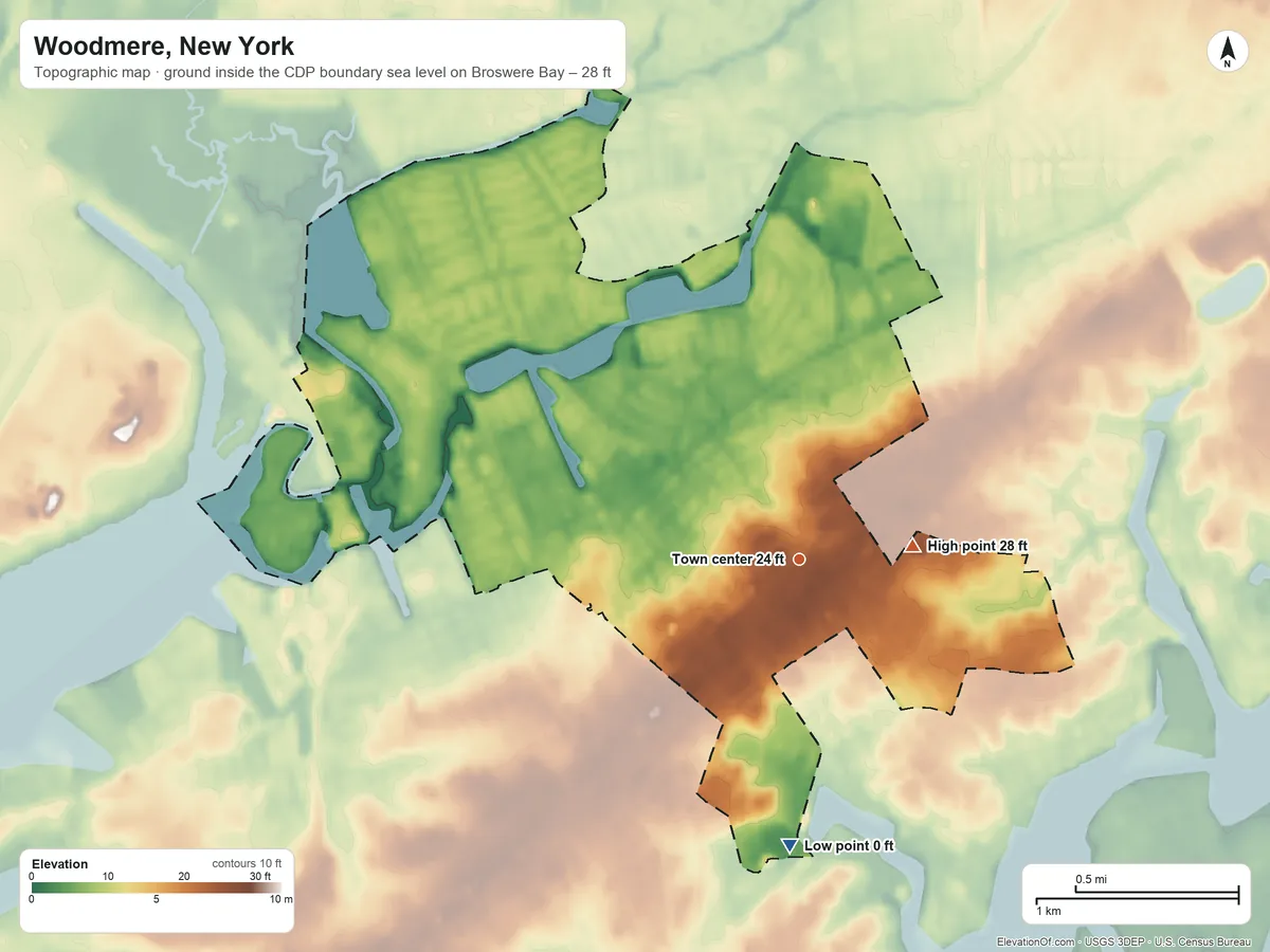 Topographic elevation map of Woodmere, New York, shaded from sea level level on Broswere Bay to 28 ft near the middle