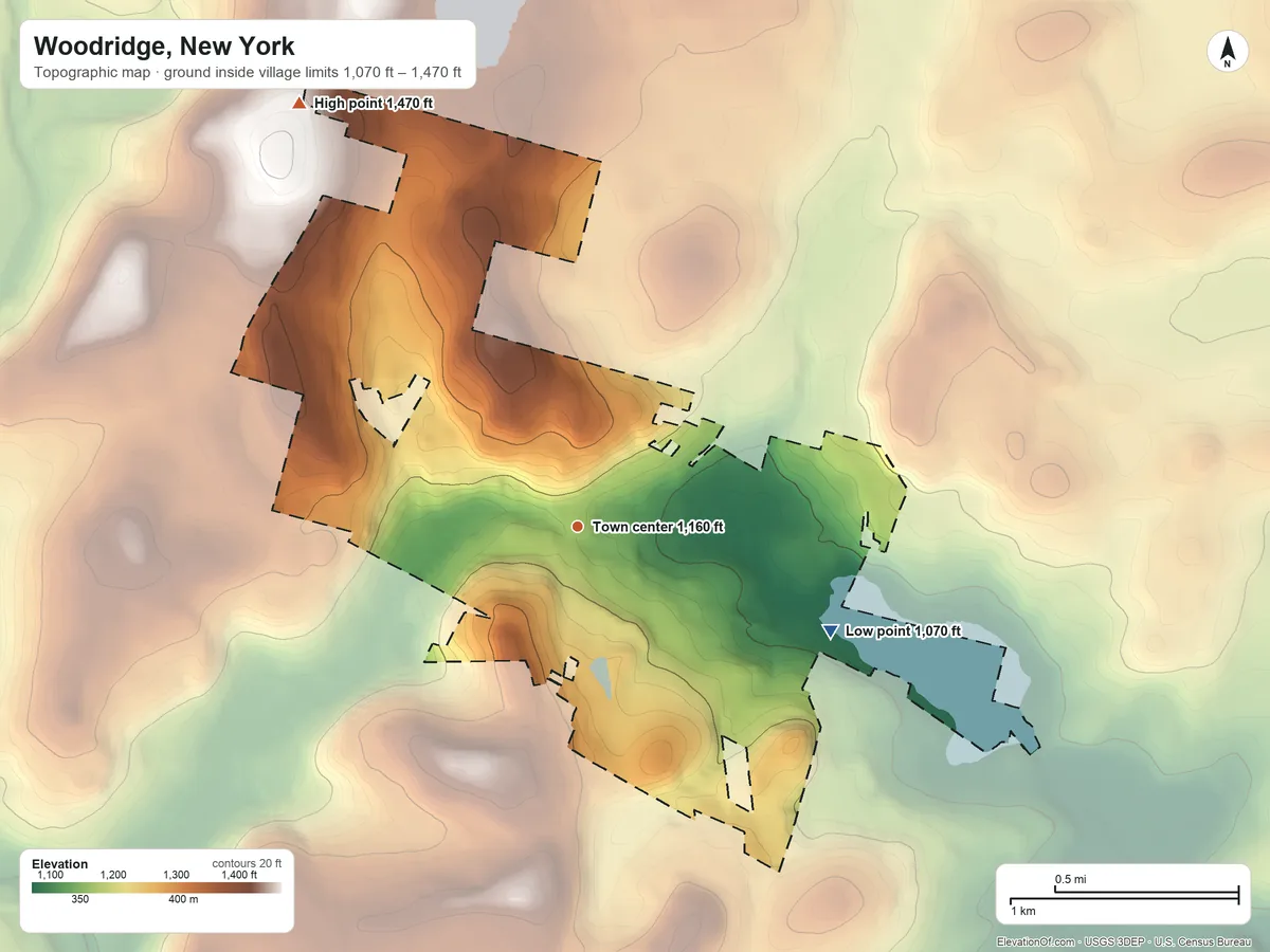 Topographic elevation map of Woodridge, New York, shaded from 1,070 ft on the east side to 1,470 ft on the northwest side