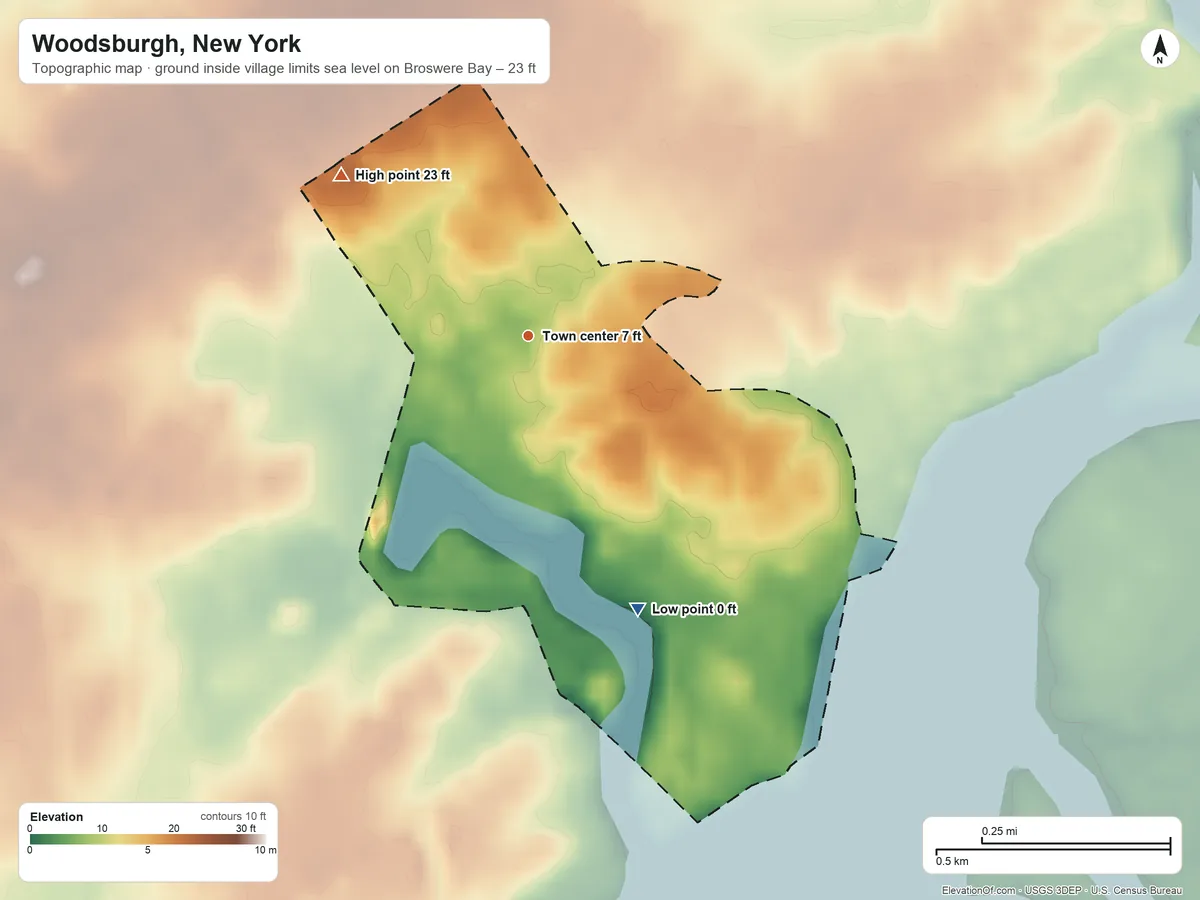 Topographic elevation map of Woodsburgh, New York, shaded from sea level level on Broswere Bay to 23 ft on the northwest side