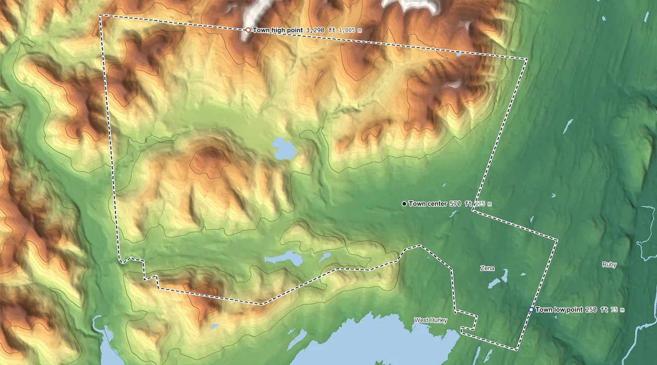 Topographic elevation map of Woodstock, New York, shaded from 250 ft on the southeast side to 3,290 ft on the northwest side