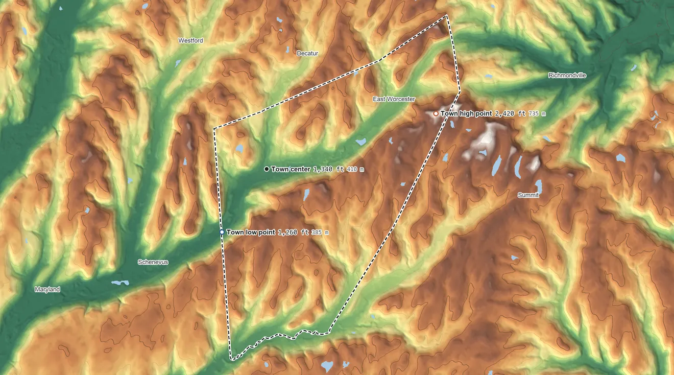 Topographic elevation map of Worcester, New York, shaded from 1,260 ft on the southwest side to 2,420 ft on the east side
