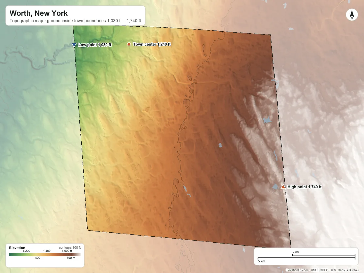 Topographic elevation map of Worth, New York, shaded from 1,030 ft on the west side to 1,740 ft on the southeast side