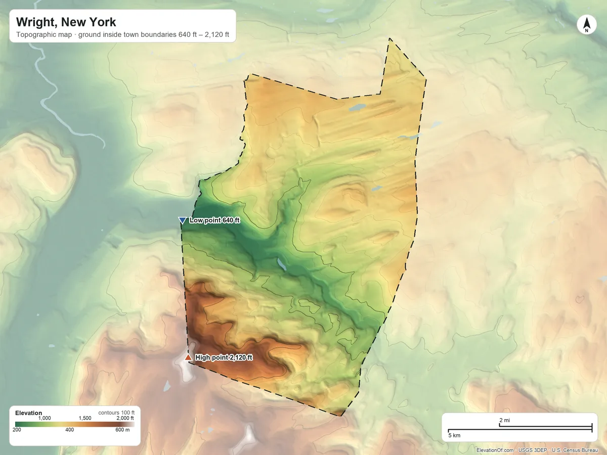 Topographic elevation map of Wright, New York, shaded from 640 ft on the west side to 2,120 ft on Cotton Hill