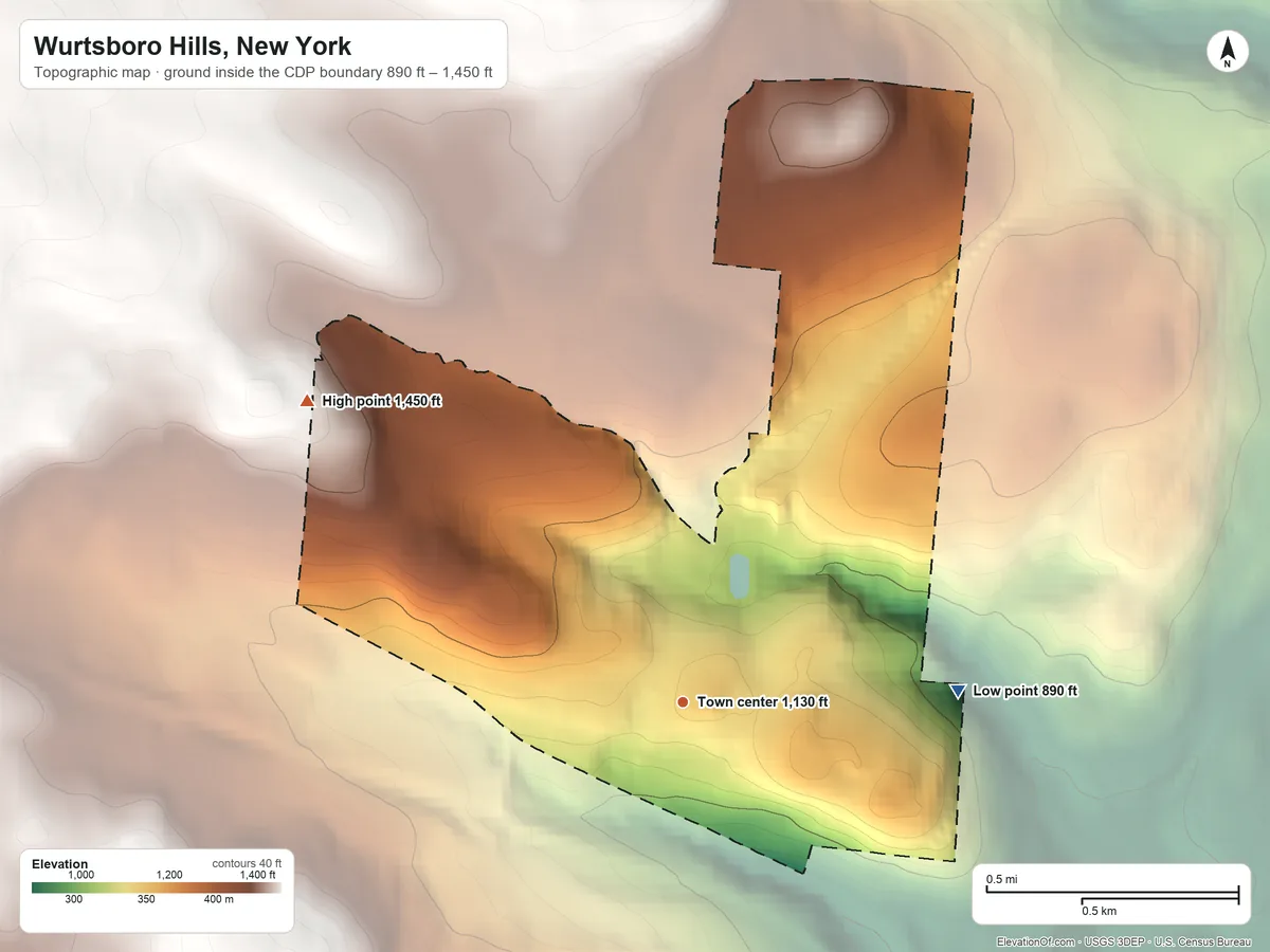 Topographic elevation map of Wurtsboro Hills, New York, shaded from 890 ft on the east side to 1,450 ft on the northwest side