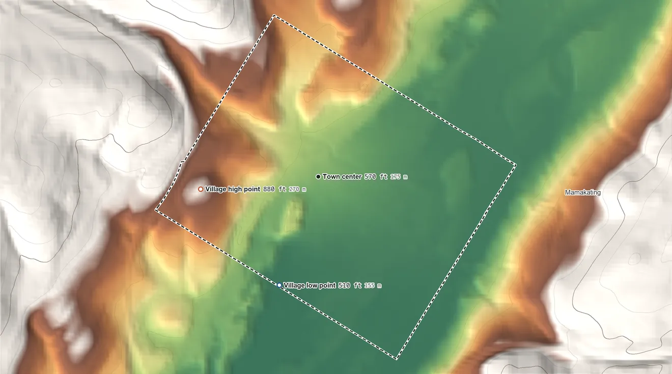 Topographic elevation map of Wurtsboro, New York, shaded from 510 ft on the south side to 880 ft at the foot of the Shawangunk Mountains