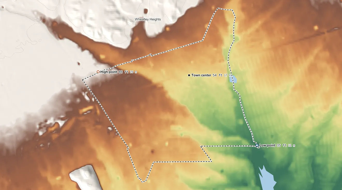 Topographic elevation map of Wyandanch, New York, shaded from 35 ft on the southeast side to 86 ft on the west side