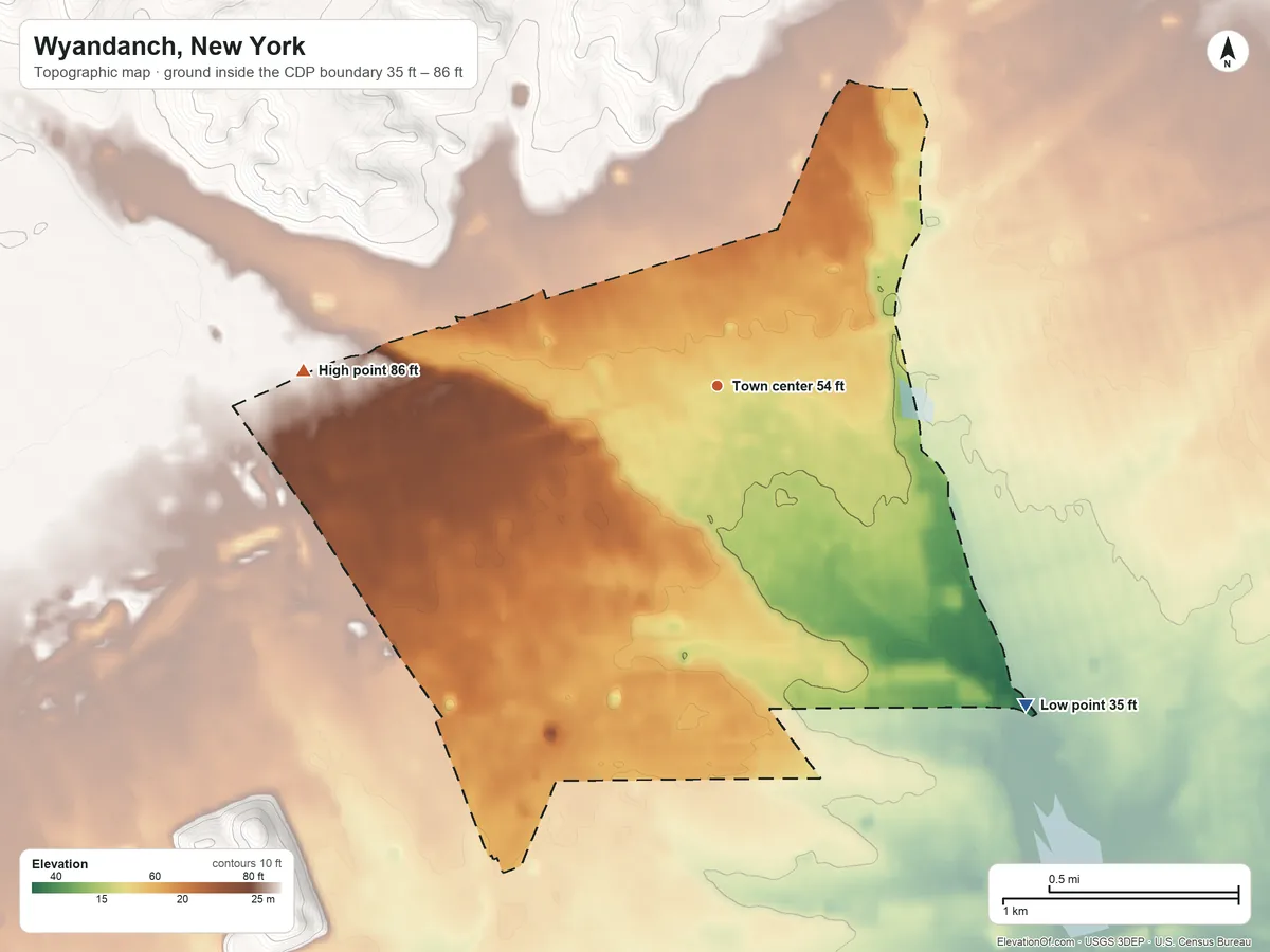 Topographic elevation map of Wyandanch, New York, shaded from 35 ft on the southeast side to 86 ft on the west side