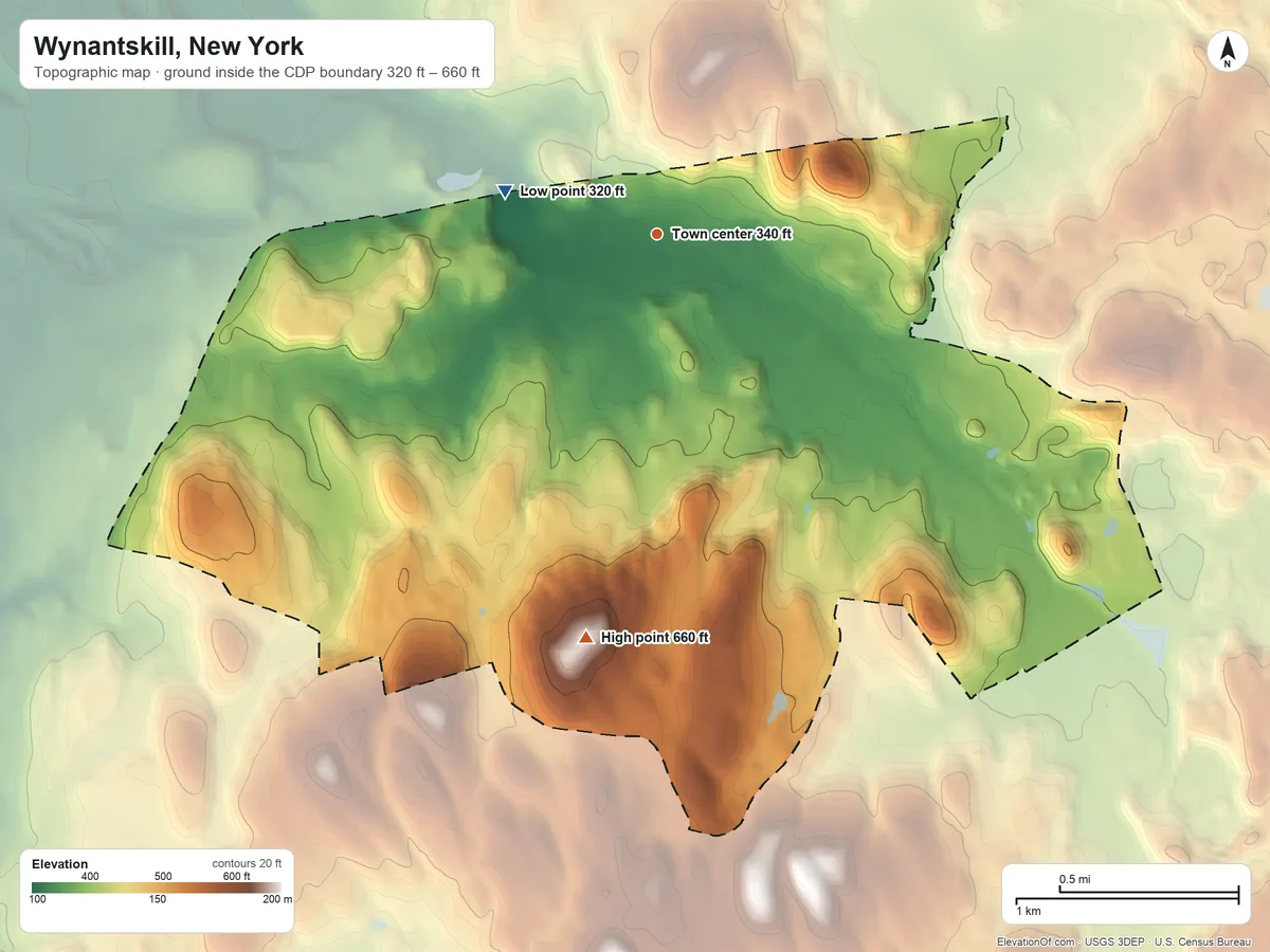 Topographic elevation map of Wynantskill, New York, shaded from 320 ft on the west side to 660 ft on the south side