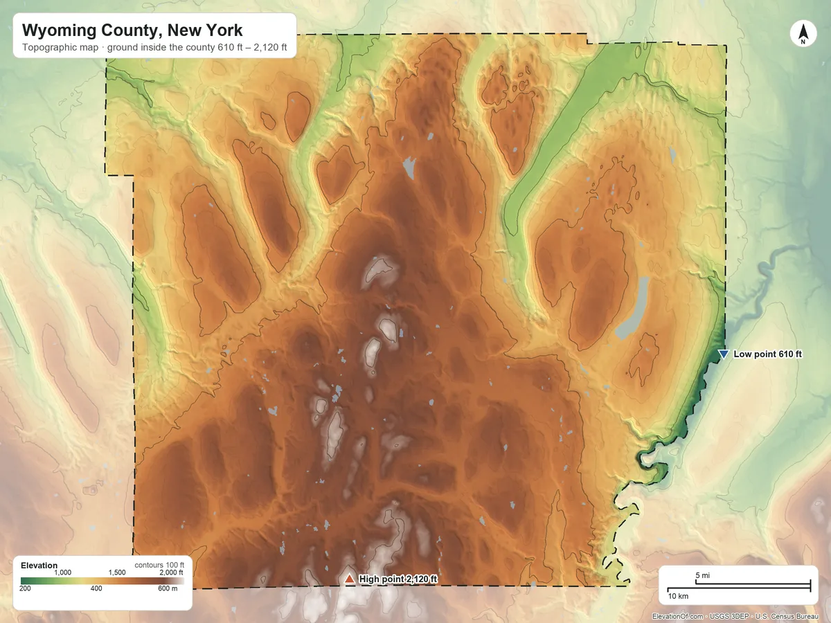 Topographic elevation map of Wyoming County, New York, shaded from 610 ft on the east side to 2,120 ft on the south side