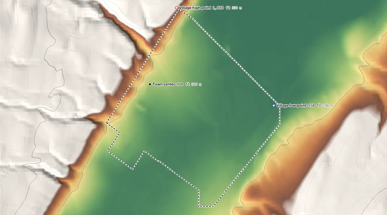 Topographic elevation map of Wyoming, New York, shaded from 950 ft on the east side to 1,080 ft on the north edge, below higher ground just outside