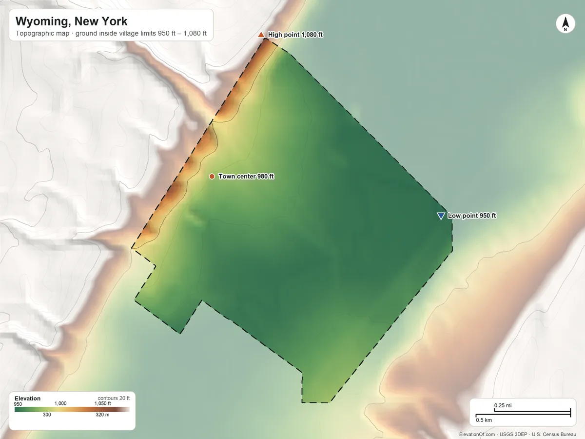 Topographic elevation map of Wyoming, New York, shaded from 950 ft on the east side to 1,080 ft on the north edge, below higher ground just outside