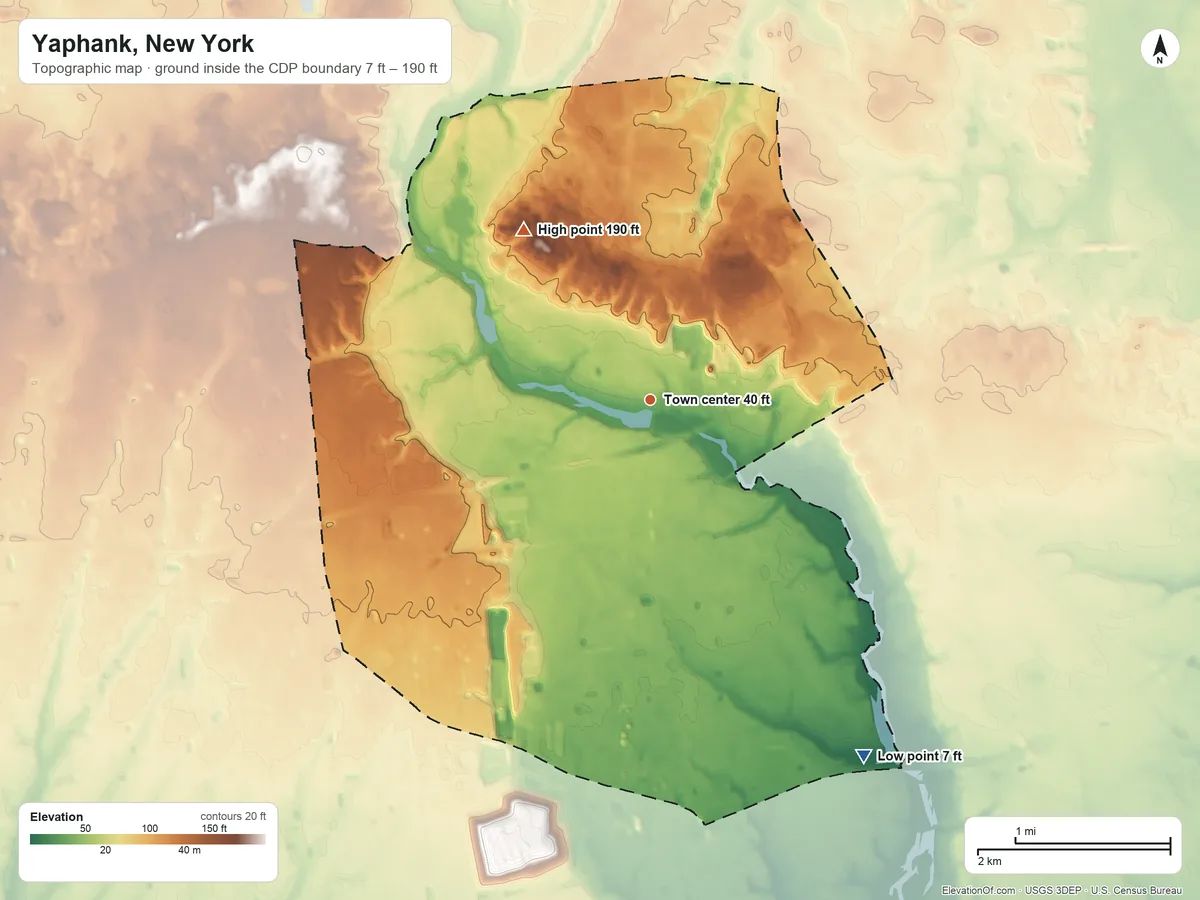 Topographic elevation map of Yaphank, New York, shaded from 7 ft on the southeast side to 190 ft on the northwest side