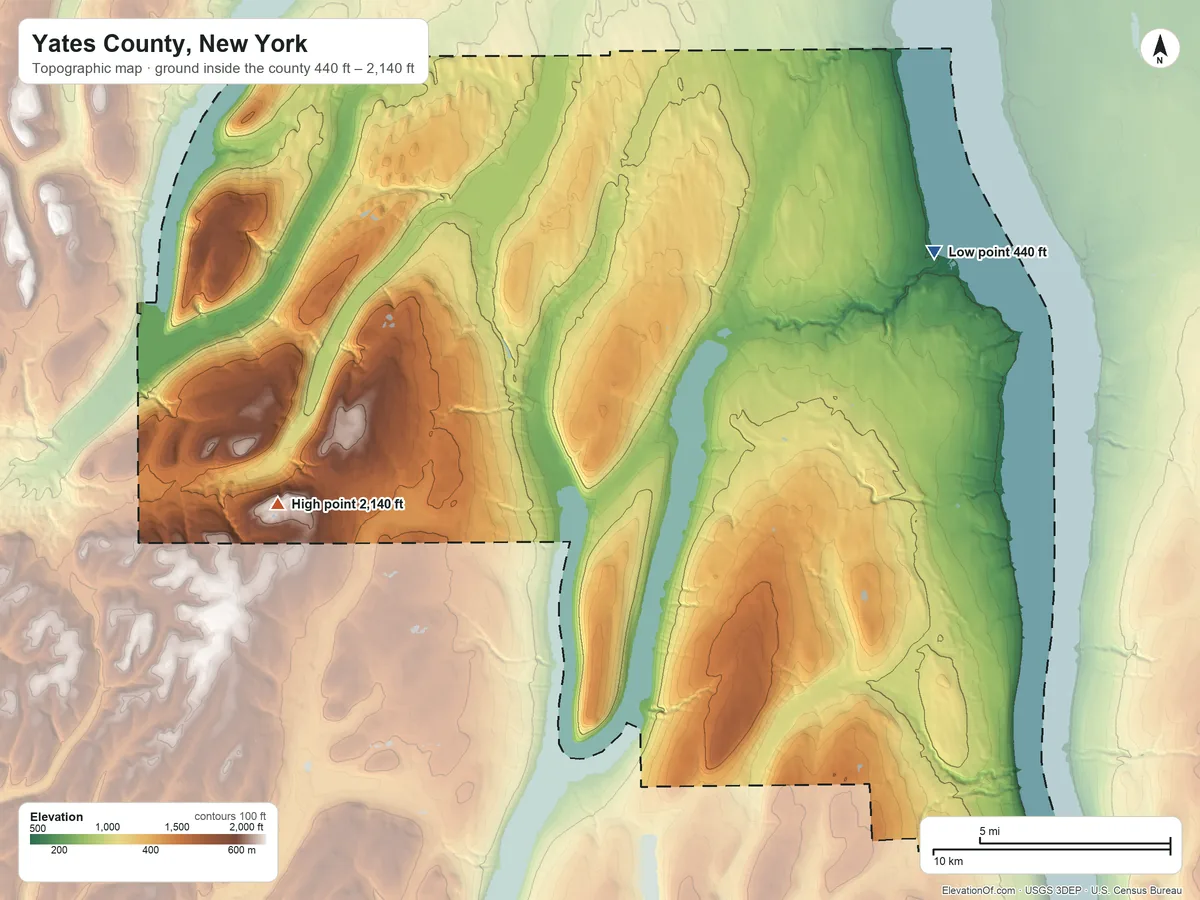 Topographic elevation map of Yates County, New York, shaded from 440 ft on the northeast side to 2,140 ft on the west side