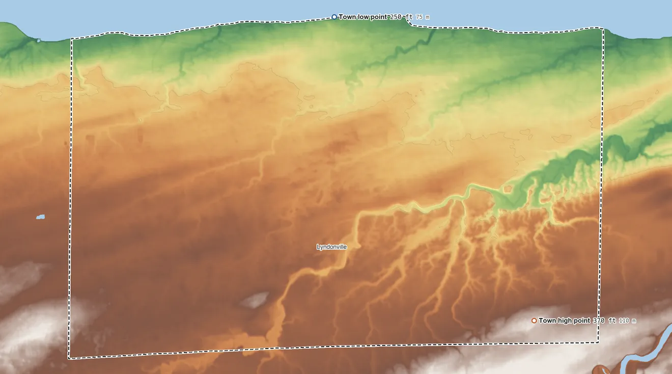 Topographic elevation map of Yates, New York, shaded from 250 ft on the north side to 370 ft on the southeast side