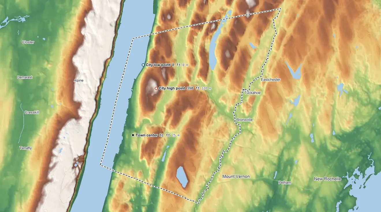 Topographic elevation map of Yonkers, New York, shaded from 0 ft on the north side to 390 ft on the northeast side