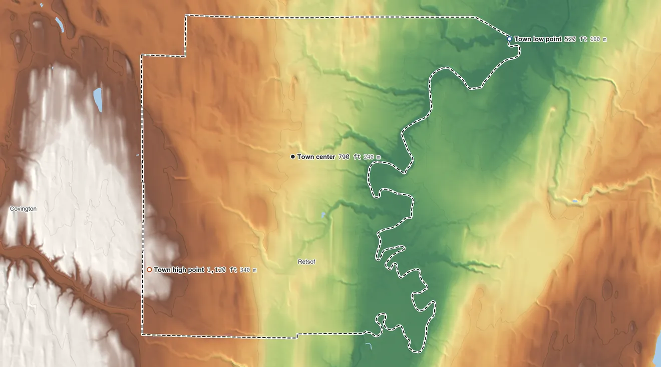 Topographic elevation map of York, New York, shaded from 520 ft on the northeast side to 1,120 ft on the southwest side