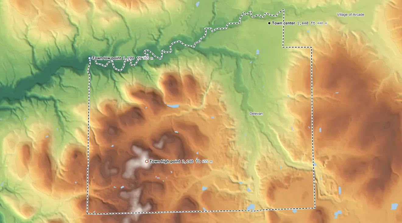 Topographic elevation map of Yorkshire, New York, shaded from 1,200 ft on the west side to 2,140 ft on the southwest side