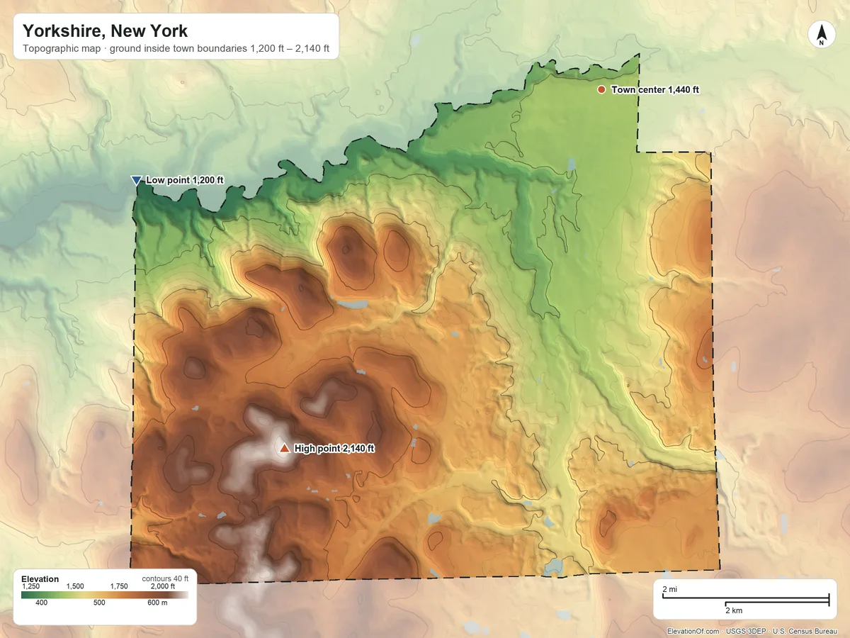 Topographic elevation map of Yorkshire, New York, shaded from 1,200 ft on the west side to 2,140 ft on the southwest side