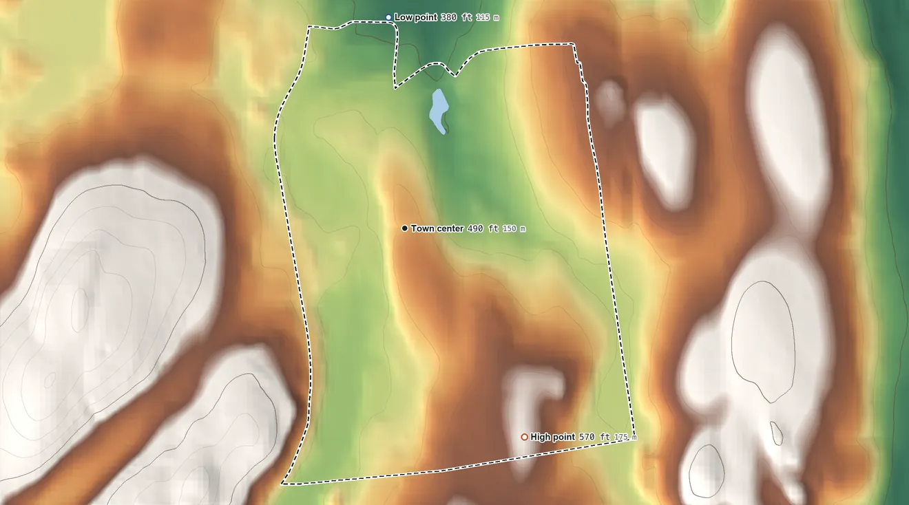 Topographic elevation map of Yorktown Heights, New York, shaded from 380 ft on the north side to 570 ft on the southeast side
