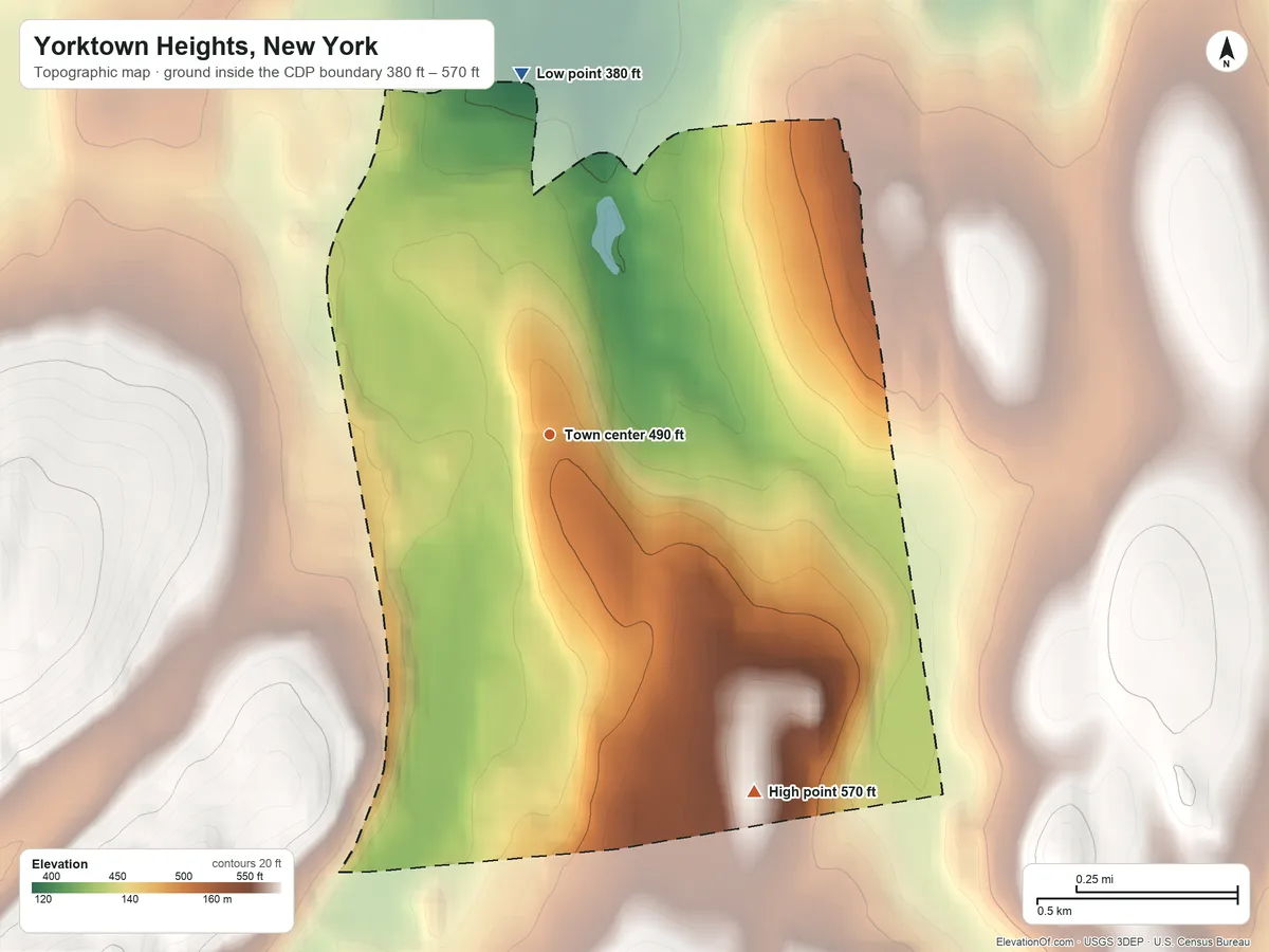 Topographic elevation map of Yorktown Heights, New York, shaded from 380 ft on the north side to 570 ft on the southeast side