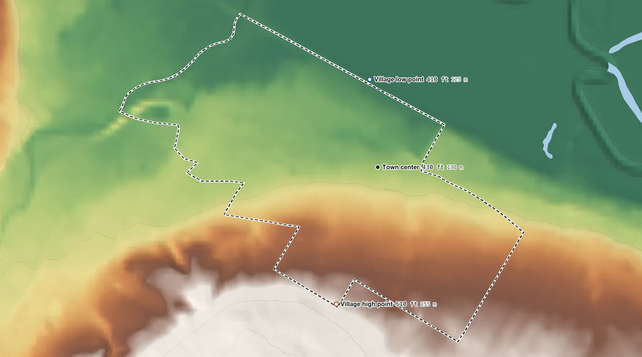 Topographic elevation map of Yorkville, New York, shaded from 410 ft on the north side to 510 ft on the south side