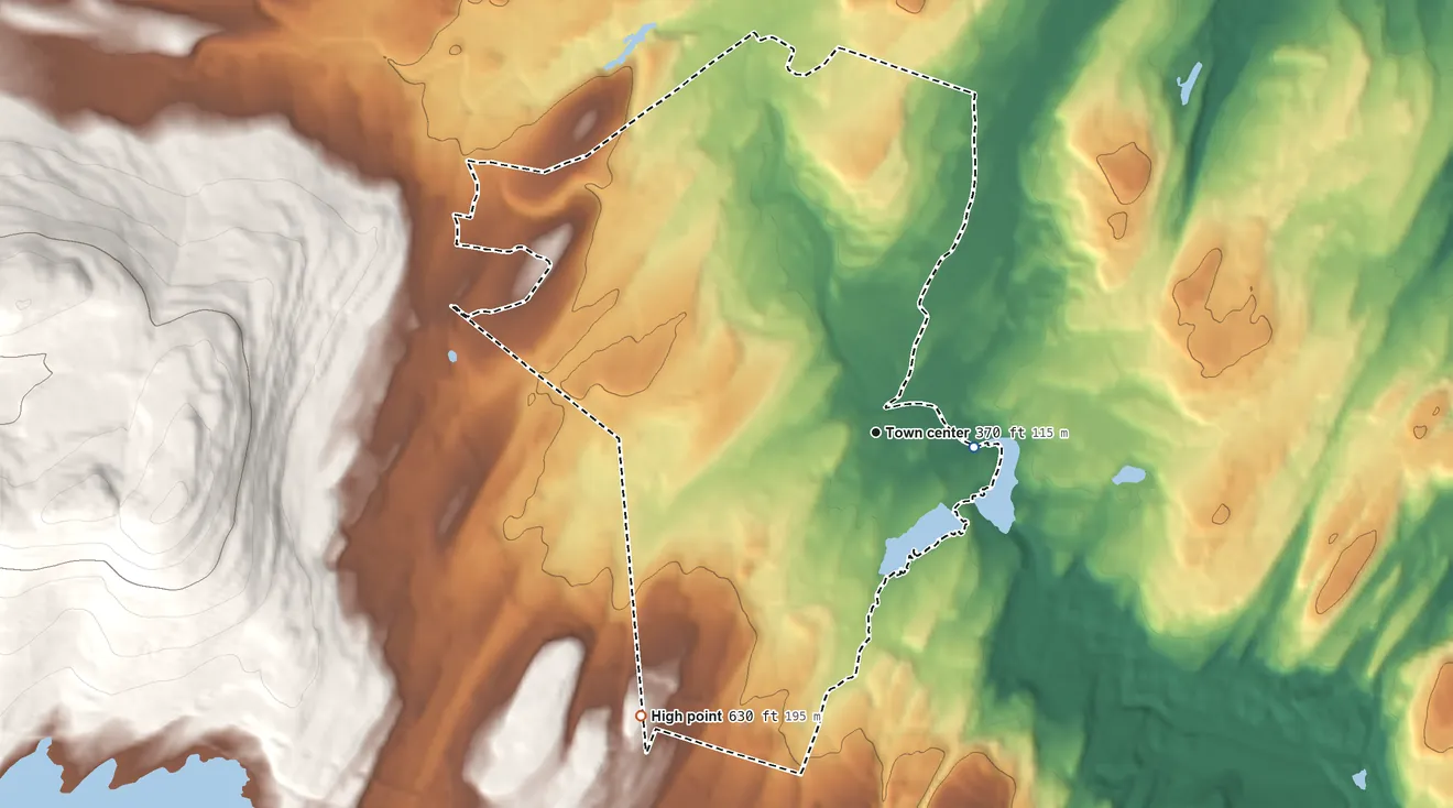 Topographic elevation map of Zena, New York, shaded from 350 ft on the east side to 630 ft at the foot of the Burroughs Range