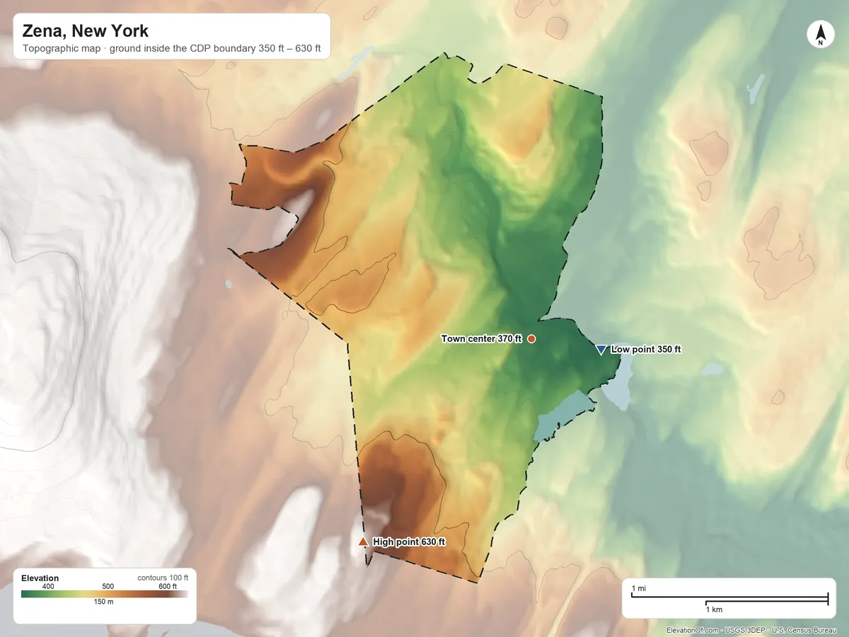 Topographic elevation map of Zena, New York, shaded from 350 ft on the east side to 630 ft at the foot of the Burroughs Range