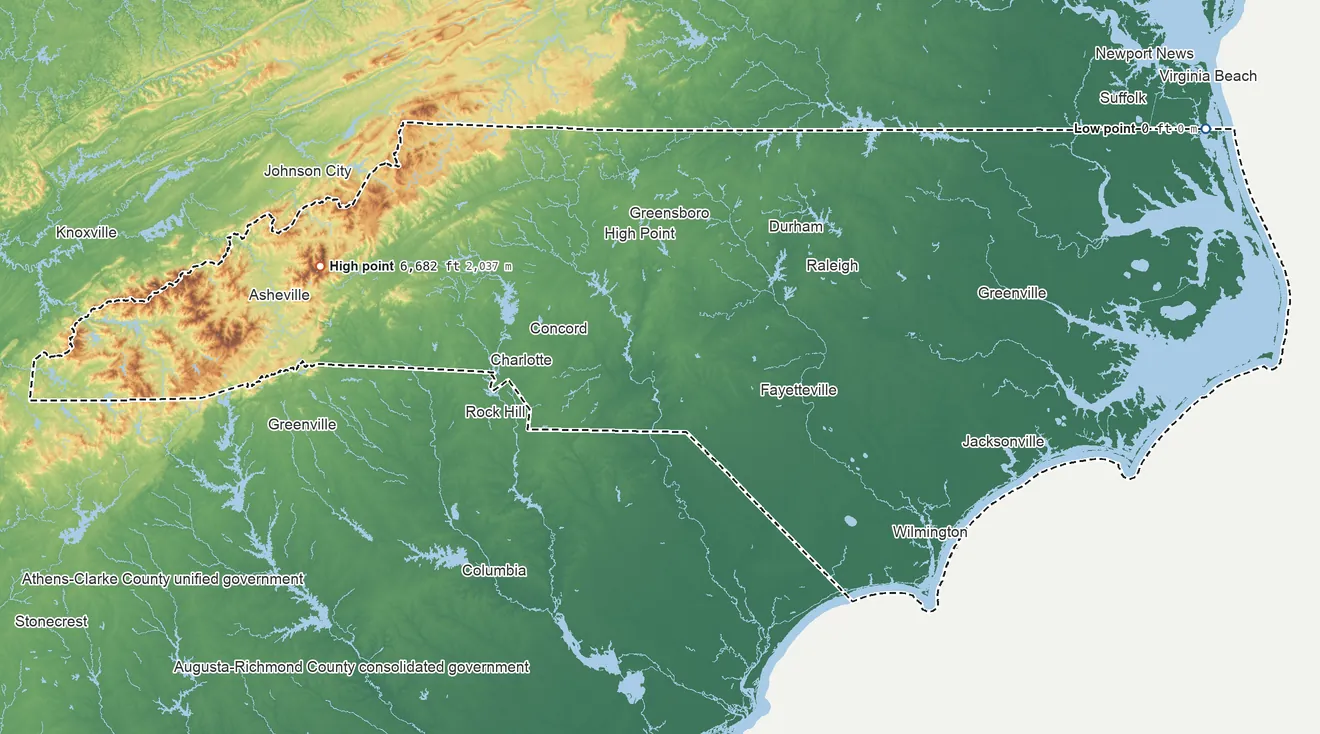 Topographic elevation map of North Carolina, shaded from sea level on Back Bay to 6,682 ft on Mount Mitchell