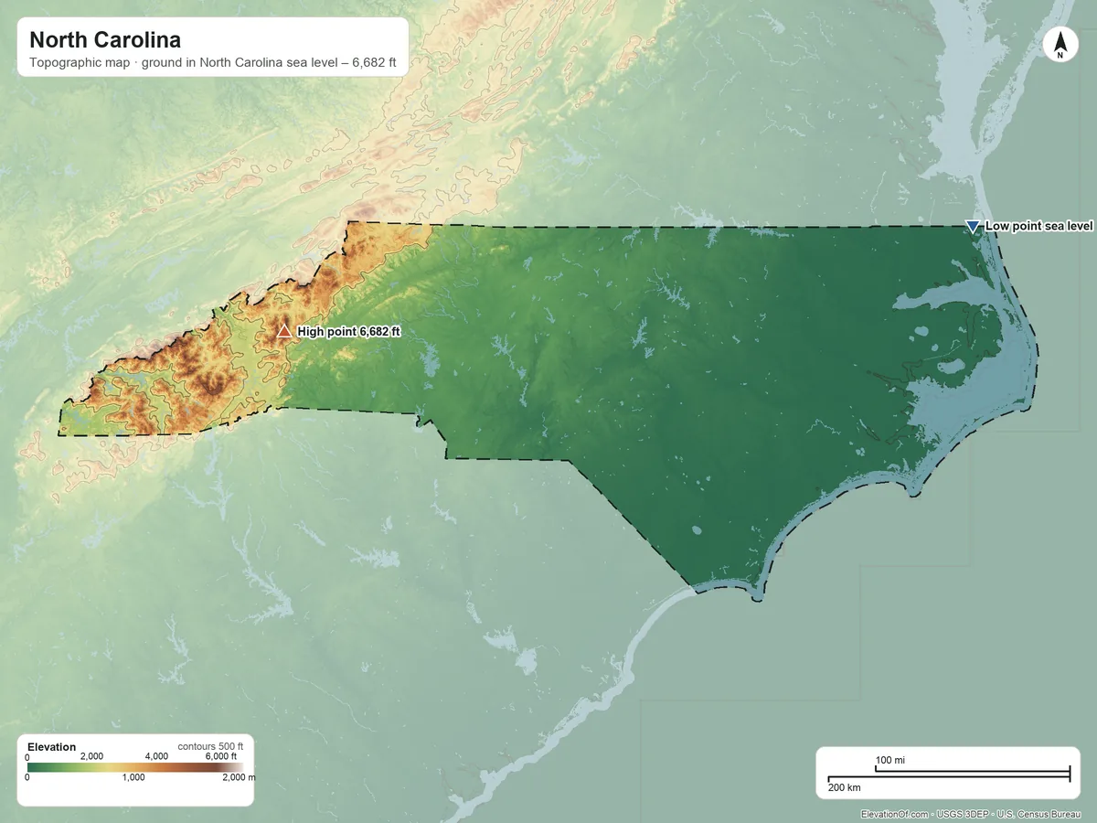 Topographic elevation map of North Carolina, shaded from sea level on Back Bay to 6,682 ft on Mount Mitchell