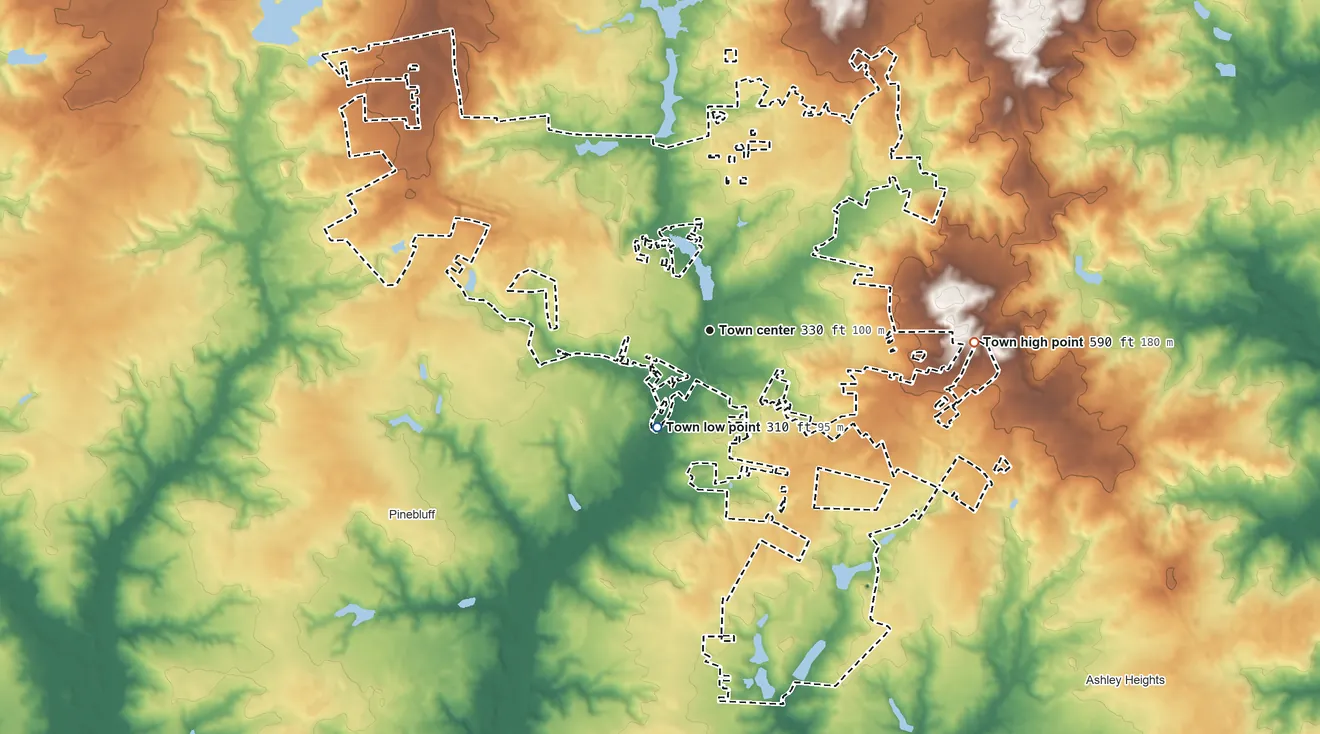 Topographic elevation map of Aberdeen, North Carolina, shaded from 310 ft on the southwest side to 590 ft on the east side