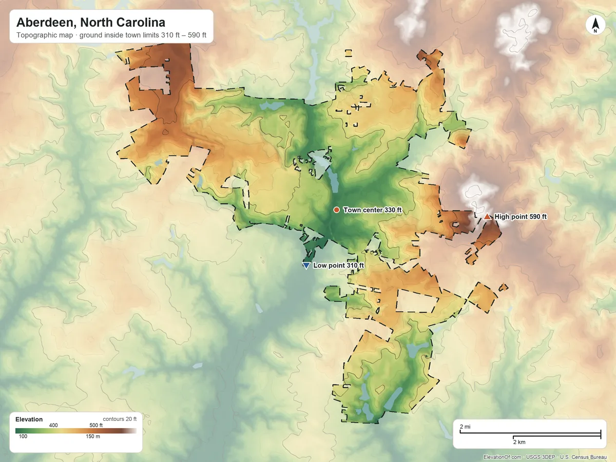Topographic elevation map of Aberdeen, North Carolina, shaded from 310 ft on the southwest side to 590 ft on the east side