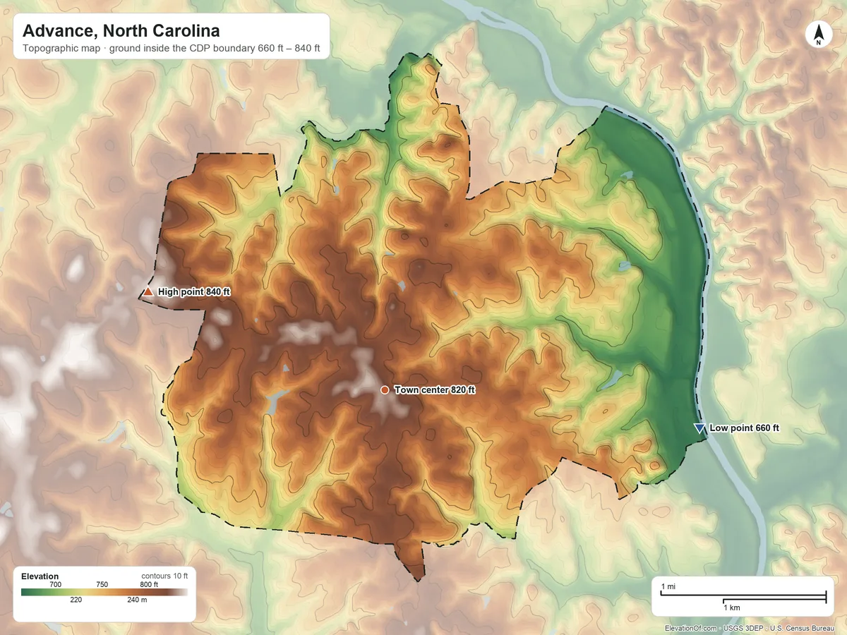 Topographic elevation map of Advance, North Carolina, shaded from 660 ft on the east side to 840 ft on the northwest side
