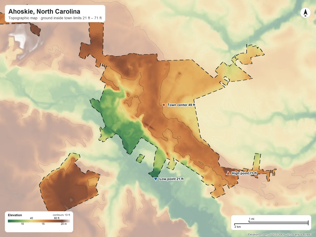 Topographic elevation map of Ahoskie, North Carolina, shaded from 21 ft on the south side to 71 ft on the southeast side