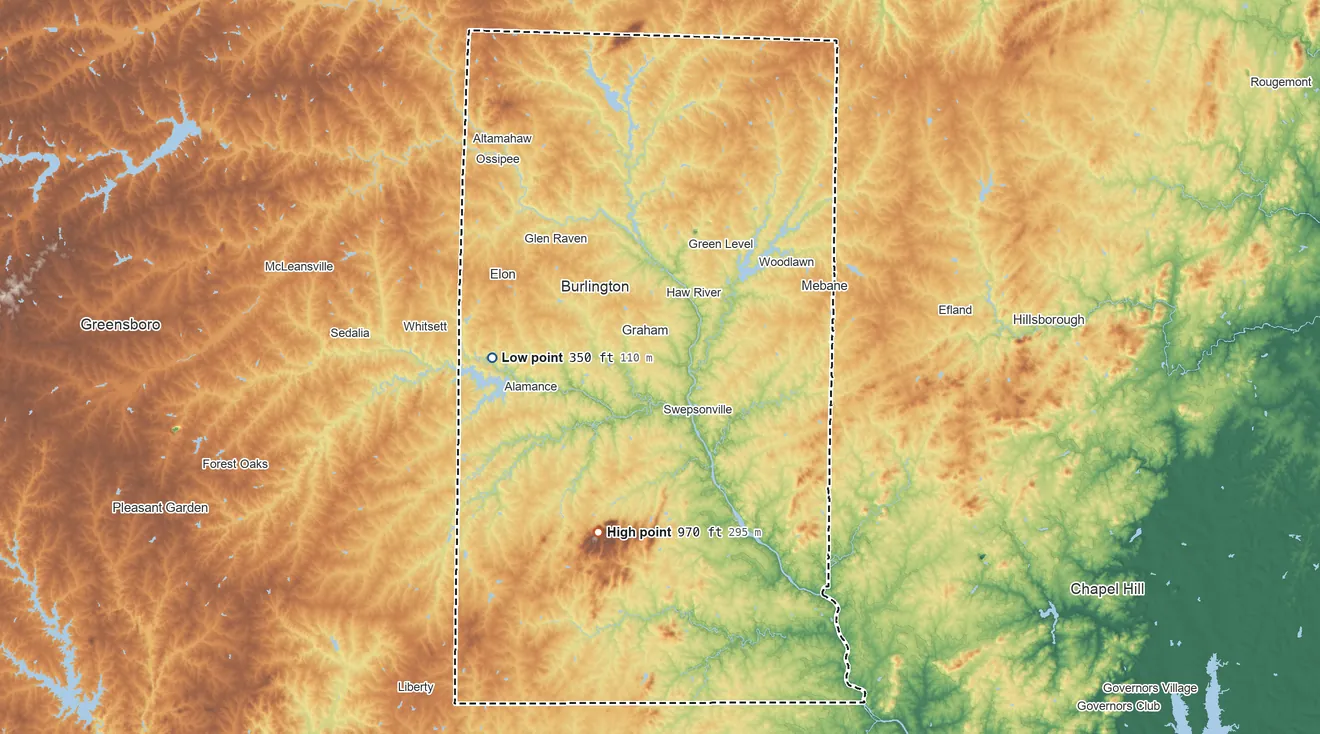 Topographic elevation map of Alamance County, North Carolina, shaded from 350 ft on the west side to 970 ft on Cane Creek Mountains